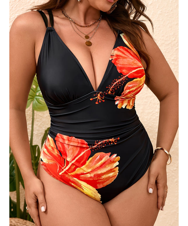 Curve Women's Elegant V-Neck Floral Print One-piece
