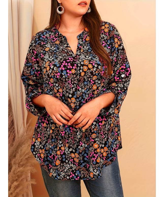 Plus Size, Women's Plus Size Floral Print V-Neck Blouse - Short Sleeve Casual & Semi-Formal Shirt with Multicolor Small Flower Pattern, Lightweight Breathable Fabric for Spring Summer Fall, Blue Pink Orange Purple on Navy (Ma