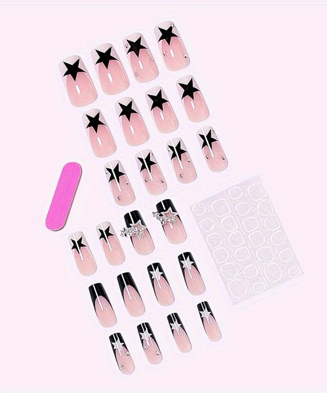 KissIcon 24Pcs Nails Star Reusable Black French -