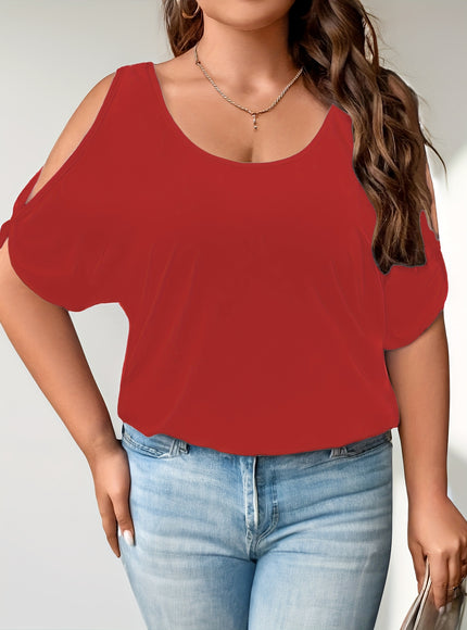 Plus Size Solid Cold Shoulder Women's Casual Crew Neck Short Sleeve T-Shirt