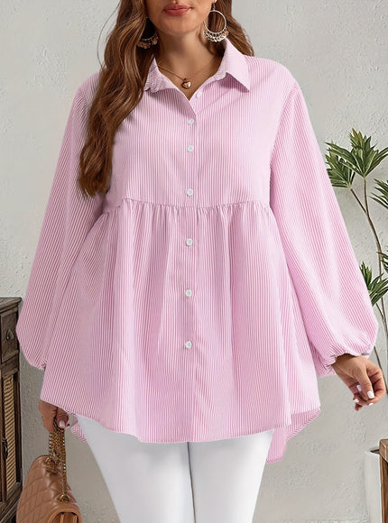 Plus Size, Women's Plus Size Oversized White & Green Horizontal Striped Button- Shirt Jacket-like Blouse - Short Sleeve-like Collar, Wrinkle-Resistant (Machine Washable) H-Line Fit for Year-Round Casual & Dressy Wear (No)