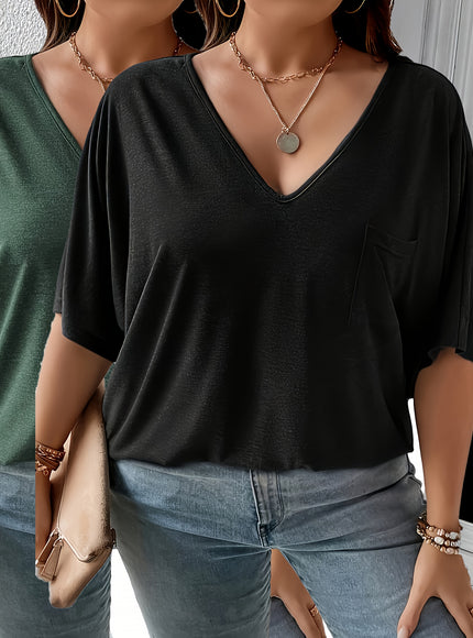 Plus Size, Plus Size Women's 2pcs Set Deep V Neck Solid Color Pocket Patch T-Shirt
