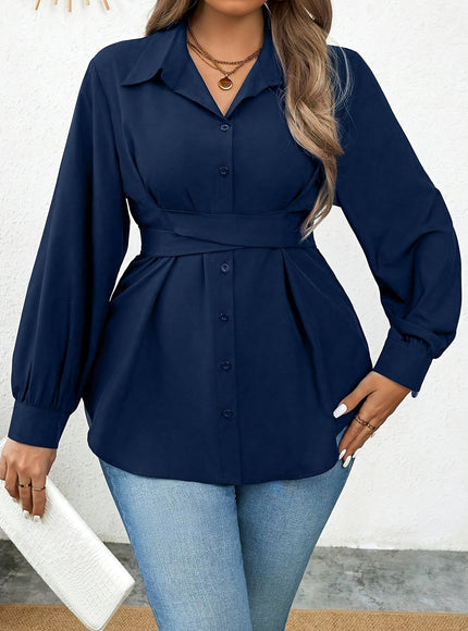 Women'S Elegant Solid Color Shirt with Belt, Polyester 100% Long Sleeve Raglan Sleeve, All-Season H-Fit with Lapel Collar, Button Placket, Regular Length - Woven Fabric 113 gsm