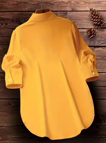 Plus Size Chic Blouse with Flowy Curved Hem - Fashionable Button Front & Classic Collar - Perfect Casual Wear for Spring - Womens Plus Size Clothing