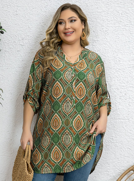 Plus Size - Women'S Plus Size Tropical Print V-Neck Blouse - Elegant Loose Fit Long Shirt with Adjustable Three-Quarter Sleeves, Half Placket & Button Front, Comfortable Casual Top for Casual Attire, Casual Attire Blouse | Vn