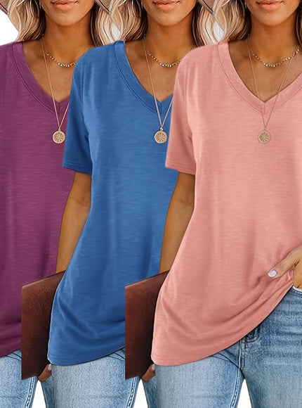 Women'S Plus Size Casual T-Shirt Set - 3pcs, V-Neck, Short Sleeve, Lightweight & Stretchy, All-Season Comfort, Casual Wear|Vneck Tshirt|Lightweight Fabric