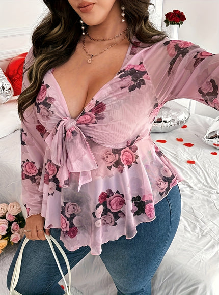 Plus Size Women's Floral Print Long Sleeve T-Shirt - Sweetheart Neckline, Ruffled Hem, Knot Detail, Pink Rose Design, Machine Washable, Romantic Valentine's Day Style, Love Themed Outfit | Nonstretch Fabric, Ladies T Shirts