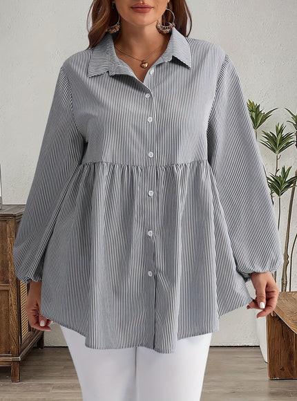 Plus Size, Women's Plus Size Oversized White & Green Horizontal Striped Button- Shirt Jacket-like Blouse - Short Sleeve-like Collar, Wrinkle-Resistant (Machine Washable) H-Line Fit for Year-Round Casual & Dressy Wear (No)