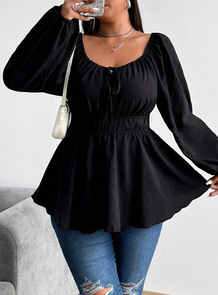 Plus Size - Plus Size - Plus Size - Women'S Plus Size Navy Blue Blouse with Front Drawstring & Ruffled Sleeves - Casual Keyhole Neckline, Long Sleeve, Non-Stretch Fabric, Perfect for Casual Attire, Casual Wear Blouse | Ruffle