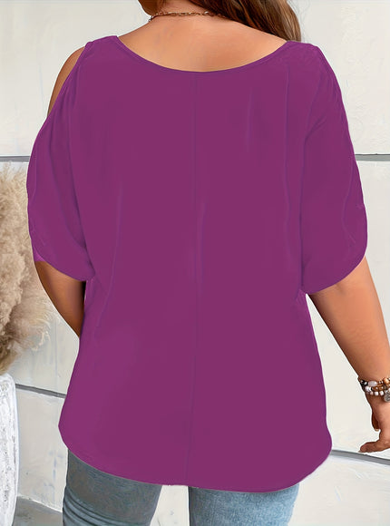 Plus Size Solid Cold Shoulder Women's Casual Crew Neck Short Sleeve T-Shirt