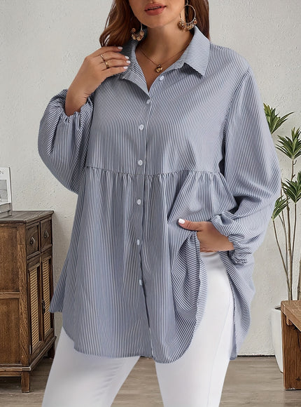 Plus Size, Women's Plus Size Oversized White & Green Horizontal Striped Button- Shirt Jacket-like Blouse - Short Sleeve-like Collar, Wrinkle-Resistant (Machine Washable) H-Line Fit for Year-Round Casual & Dressy Wear (No)