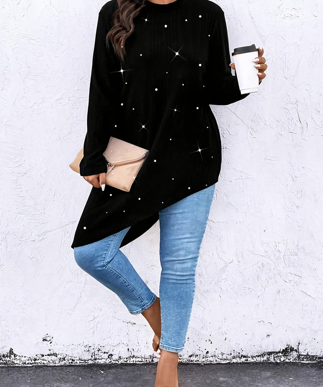 Plus Size - Women'S Elegant Asymmetrical hem T-Shirt - Long Sleeve Blouse, Stretchy Fabric for Everyday & Formal Outfits - Spring/Fall/Summer Transitional Tops - Women'S Fashion Tops, Spring Summer Apparel, Round Neckline Top