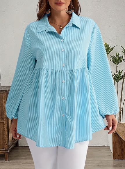 Plus Size, Women's Plus Size Oversized White & Green Horizontal Striped Button- Shirt Jacket-like Blouse - Short Sleeve-like Collar, Wrinkle-Resistant (Machine Washable) H-Line Fit for Year-Round Casual & Dressy Wear (No)
