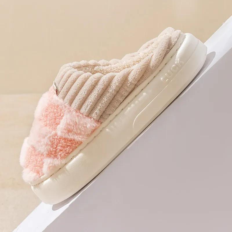 KissICON Fashion Couple Winter Flip Flops Warm Plaid Plush