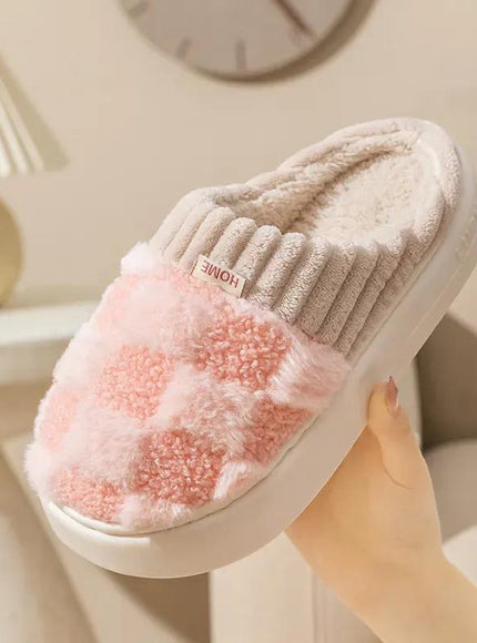 KissICON Fashion Couple Winter Flip Flops Warm Plaid Plush