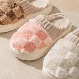 KissICON Fashion Couple Winter Flip Flops Warm Plaid Plush