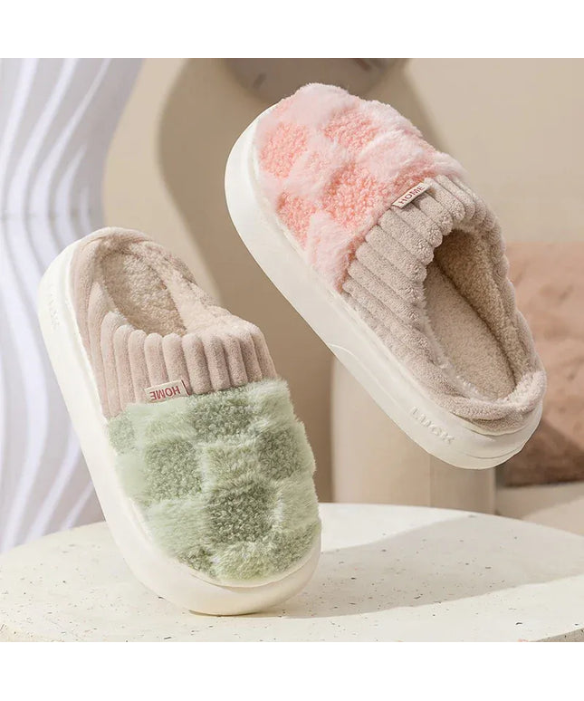 KissICON Fashion Couple Winter Flip Flops Warm Plaid Plush
