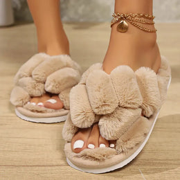 KissICON Fashion Cross Straps Fur Slippers Women Winter Non