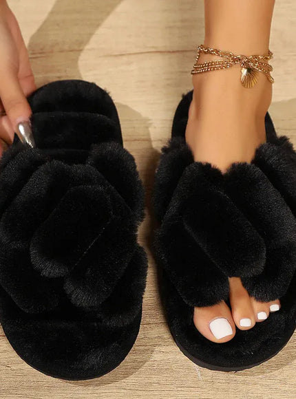 KissICON Fashion Cross Straps Fur Slippers Women Winter Non
