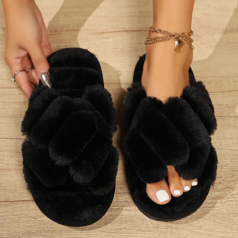 KissICON Fashion Cross Straps Fur Slippers Women Winter Non