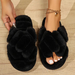 KissICON Fashion Cross Straps Fur Slippers Women Winter Non