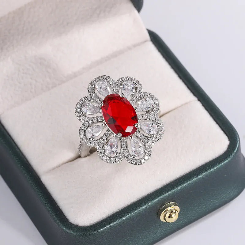 KissICON Fashion Drop Pendant Pear-shaped Zirconia Ring 925 Stamp High Quality Jewellery Imitation Natural Pigeon Blood Ruby Oval Ring