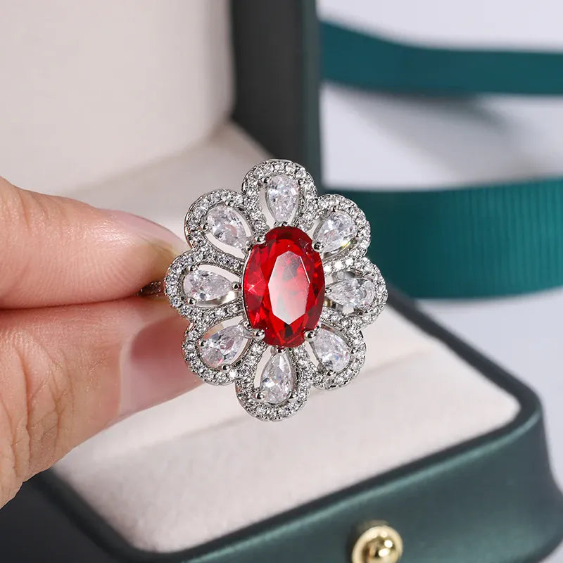 KissICON Fashion Drop Pendant Pear-shaped Zirconia Ring 925 Stamp High Quality Jewellery Imitation Natural Pigeon Blood Ruby Oval Ring