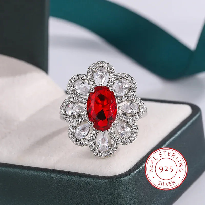 KissICON Fashion Drop Pendant Pear-shaped Zirconia Ring 925 Stamp High Quality Jewellery Imitation Natural Pigeon Blood Ruby Oval Ring