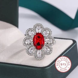 KissICON Fashion Drop Pendant Pear-shaped Zirconia Ring 925 Stamp High Quality Jewellery Imitation Natural Pigeon Blood Ruby Oval Ring