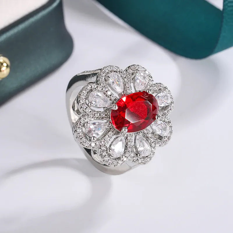 KissICON Fashion Drop Pendant Pear-shaped Zirconia Ring 925 Stamp High Quality Jewellery Imitation Natural Pigeon Blood Ruby Oval Ring