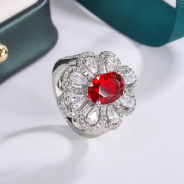 KissICON Fashion Drop Pendant Pear-shaped Zirconia Ring 925 Stamp High Quality Jewellery Imitation Natural Pigeon Blood Ruby Oval Ring