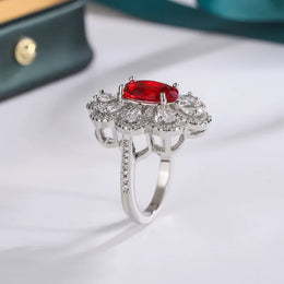 KissICON Fashion Drop Pendant Pear-shaped Zirconia Ring 925 Stamp High Quality Jewellery Imitation Natural Pigeon Blood Ruby Oval Ring