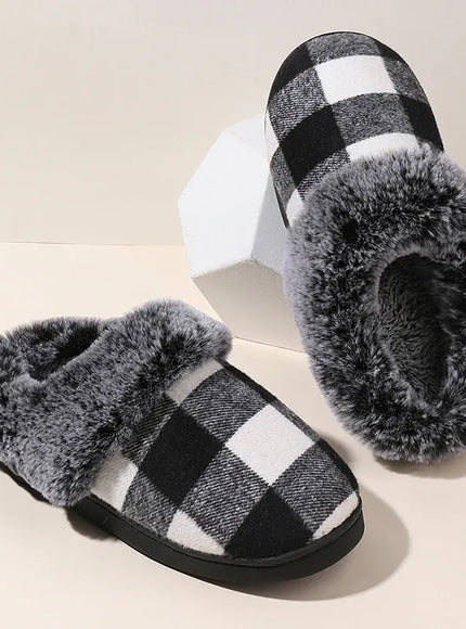 KissICON Fashion Grid Pattern Fuzzy Slippers Women Closed Toe