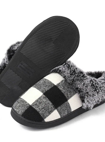 KissICON Fashion Grid Pattern Fuzzy Slippers Women Closed Toe
