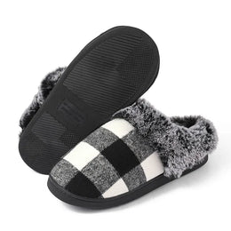 KissICON Fashion Grid Pattern Fuzzy Slippers Women Closed Toe