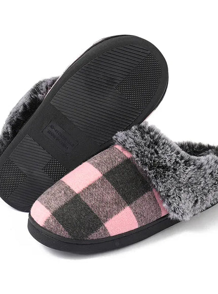 KissICON Fashion Grid Pattern Fuzzy Slippers Women Closed Toe
