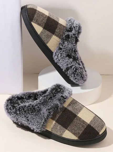 KissICON Fashion Grid Pattern Fuzzy Slippers Women Closed Toe