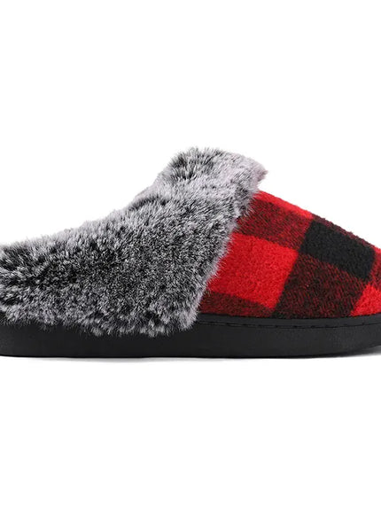 KissICON Fashion Grid Pattern Fuzzy Slippers Women Closed Toe