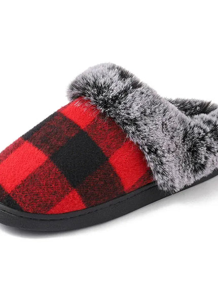 KissICON Fashion Grid Pattern Fuzzy Slippers Women Closed Toe