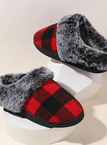 KissICON Fashion Grid Pattern Fuzzy Slippers Women Closed Toe