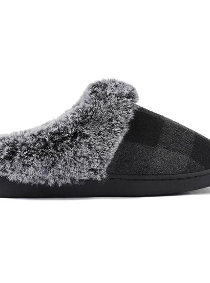 KissICON Fashion Grid Pattern Fuzzy Slippers Women Closed Toe