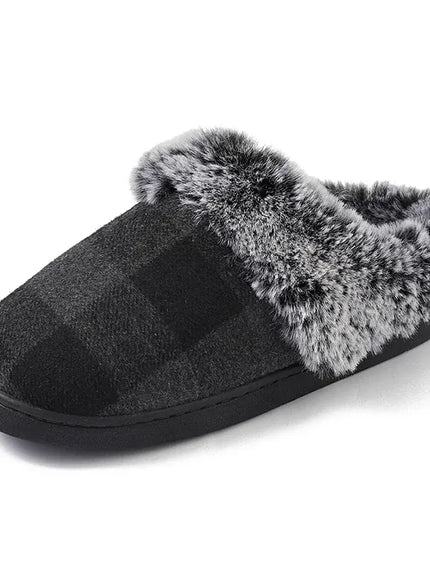 KissICON Fashion Grid Pattern Fuzzy Slippers Women Closed Toe