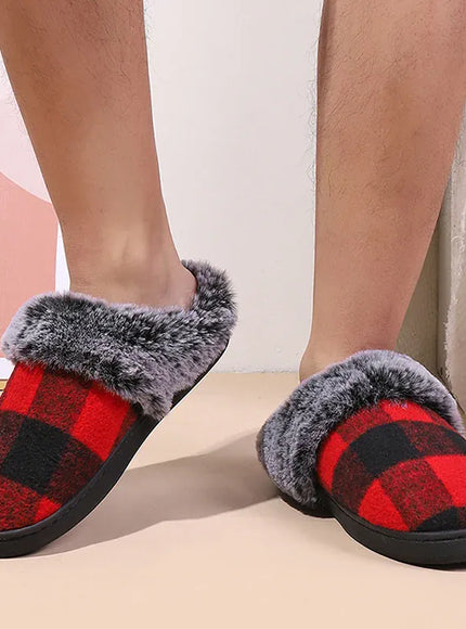 KissICON Fashion Grid Pattern Fuzzy Slippers Women Closed Toe