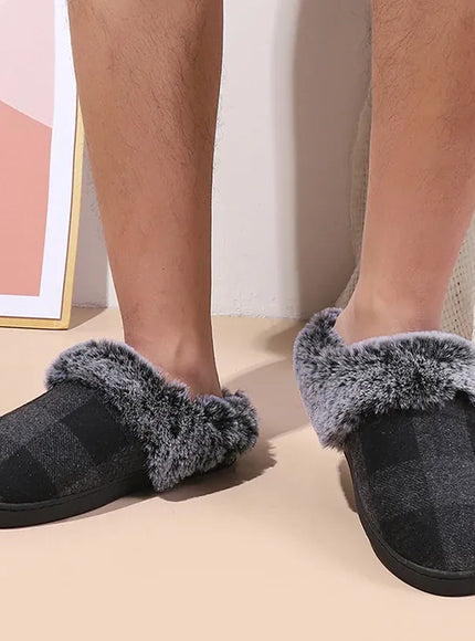KissICON Fashion Grid Pattern Fuzzy Slippers Women Closed Toe