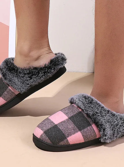 KissICON Fashion Grid Pattern Fuzzy Slippers Women Closed Toe