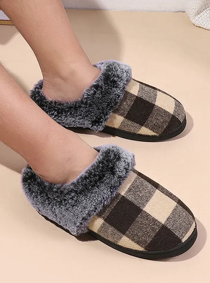 KissICON Fashion Grid Pattern Fuzzy Slippers Women Closed Toe