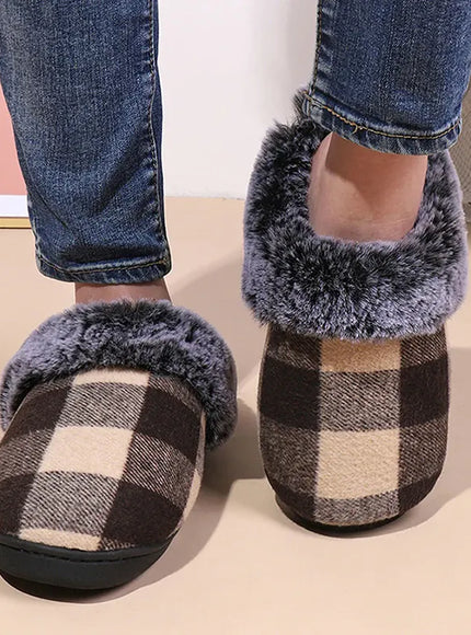 KissICON Fashion Grid Pattern Fuzzy Slippers Women Closed Toe