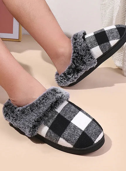 KissICON Fashion Grid Pattern Fuzzy Slippers Women Closed Toe