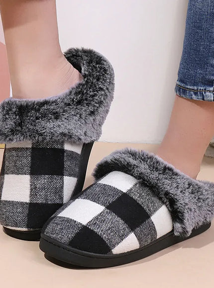 KissICON Fashion Grid Pattern Fuzzy Slippers Women Closed Toe