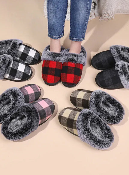 KissICON Fashion Grid Pattern Fuzzy Slippers Women Closed Toe